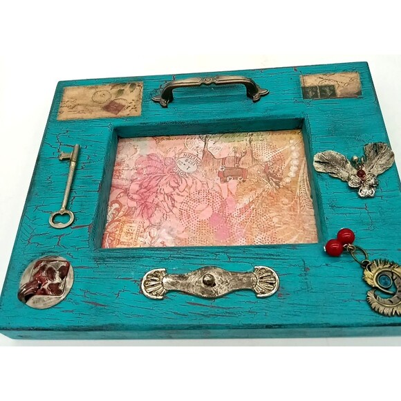 Unique Wooden Junk Art Frame Turquoise Crackle Paint Travel Theme Print Picture - Picture 6 of 8